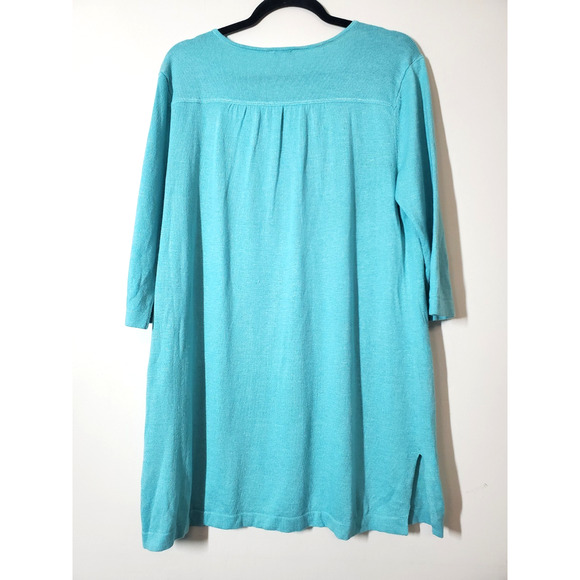 J Jill Sweater Womens Medium LINEN Tunic Aqua Blue Relaxed Fit V-neck Side Slits - Picture 4 of 9